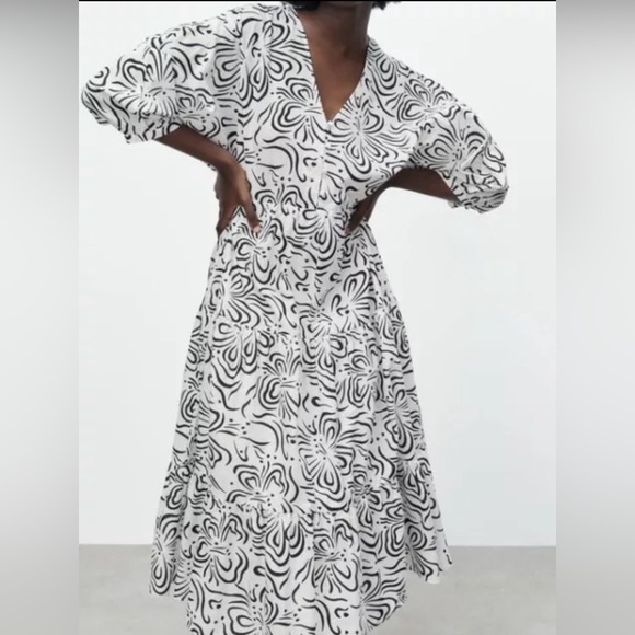 NWT Zara Dress, Black/White, Maxi, Poof Sleeve, size small - Picture 1 of 6